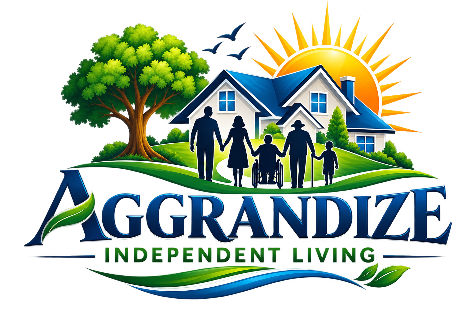 Aggrandize Independent Living logo featuring a home, tree, sun and people silhouettes
